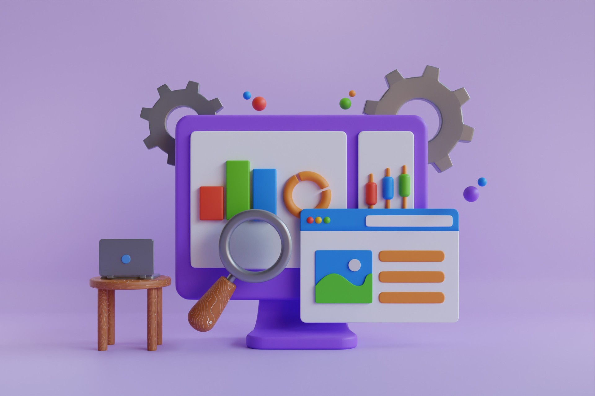3D design of data analysis magnifier with pie chart. Tools for data analysis, statistical or financial analytics. 3d Illustration